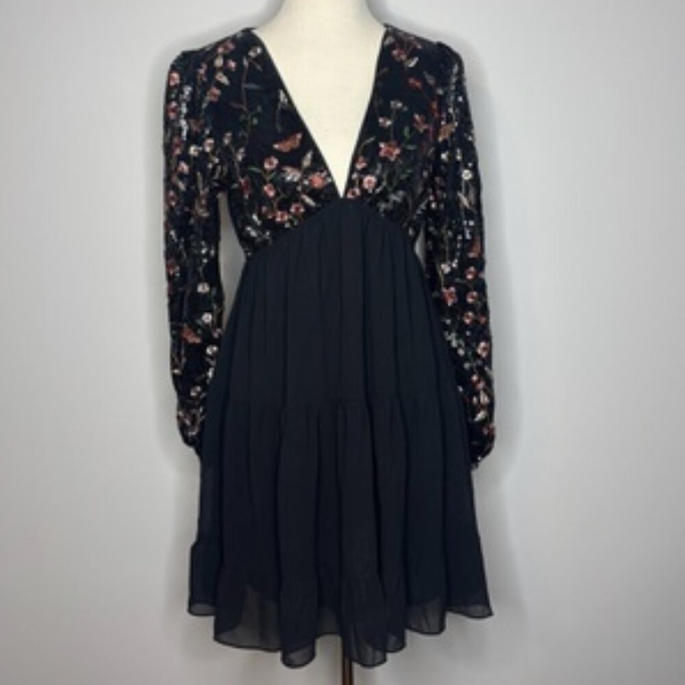 She + Sky - Mesh Long Sleeve Black Dress with Sequin Floral Details